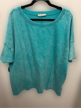 Zenana acid wash french terry top -Turquoise-1X/2X